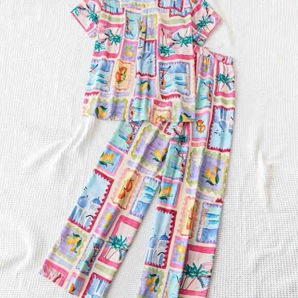 Multicolor Boho Women's Tropical Print Shirt & Pants Set - Picture 2 of 6